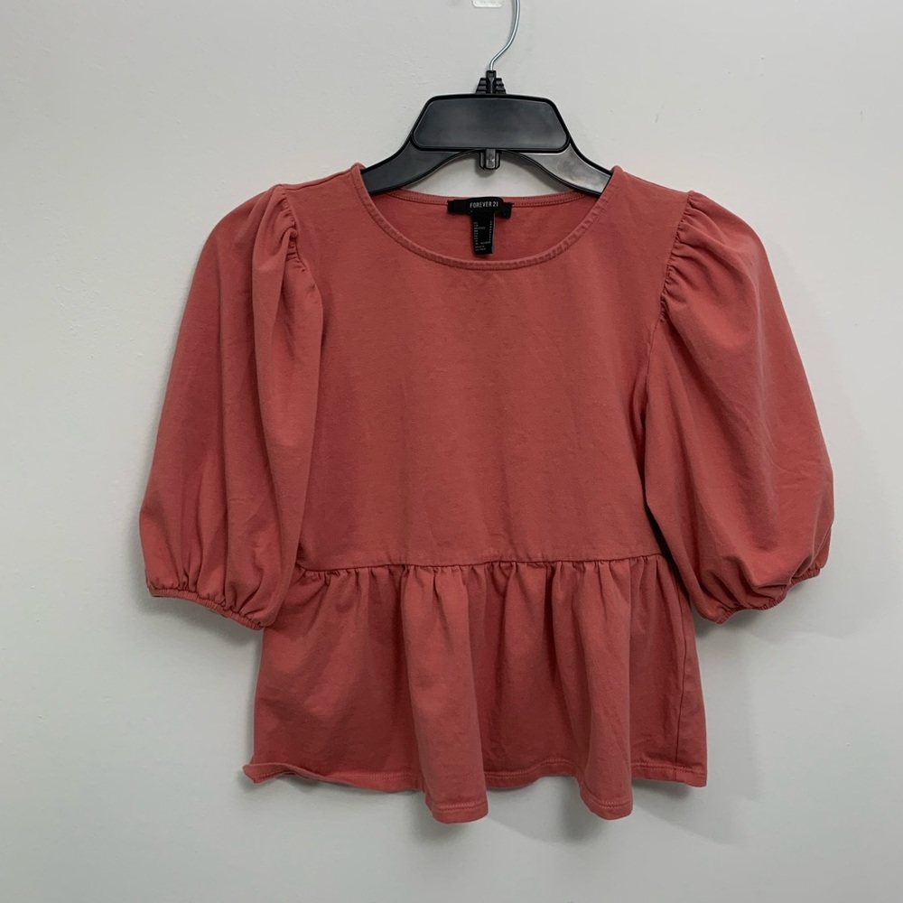 FOREVER 21 Top Small Orange Peplum Blouse Solid 3/4 Puff Sleeves